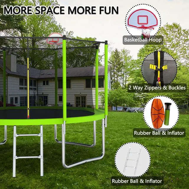 Alt view image 2 of 7 - Mersco 12FT Kid Trampoline Outdoor With Basketbal & Hoop, Airpump, Straight Pole Rebounder Trampoline For Kids And Adults With Safety Enclosure Net & Ladder, New Year And Birthday Gift Green Blue
