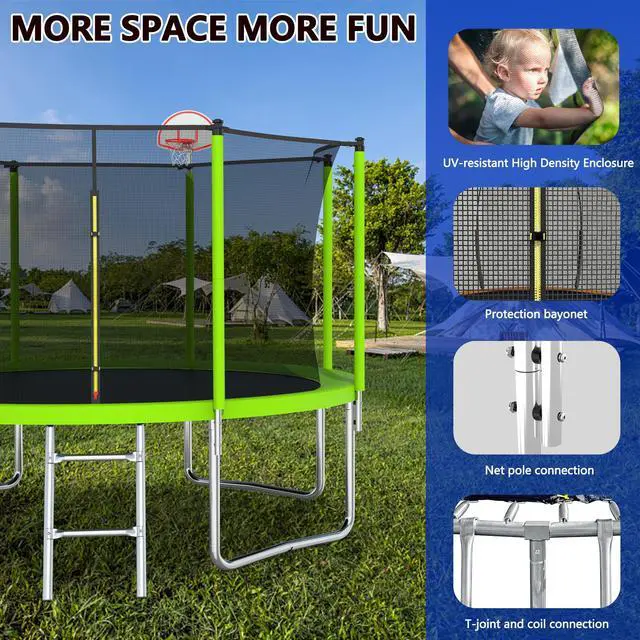 Alt view image 3 of 7 - Mersco 12FT Kid Trampoline Outdoor With Basketbal & Hoop, Airpump, Straight Pole Rebounder Trampoline For Kids And Adults With Safety Enclosure Net & Ladder, New Year And Birthday Gift Green Blue