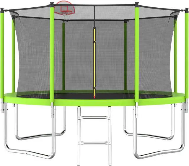 Alt view image 3 of 7 - Mersco12FT Kid Trampoline Outdoor With Basketbal & Hoop, Airpump, Straight Pole Rebounder Trampoline For Kids And Adults With Safety Enclosure Net & Ladder, New Year And Birthday Gift Green Blue
