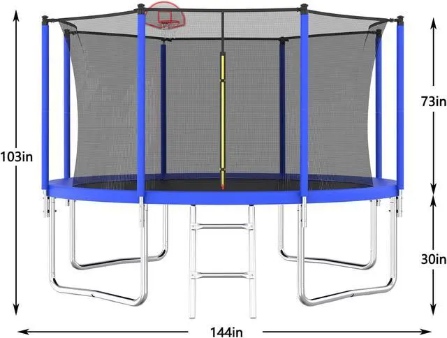 Alt view image 5 of 7 - Mersco12FT Kid Trampoline Outdoor With Basketbal & Hoop, Airpump, Straight Pole Rebounder Trampoline For Kids And Adults With Safety Enclosure Net & Ladder, New Year And Birthday Gift Green Blue Blue