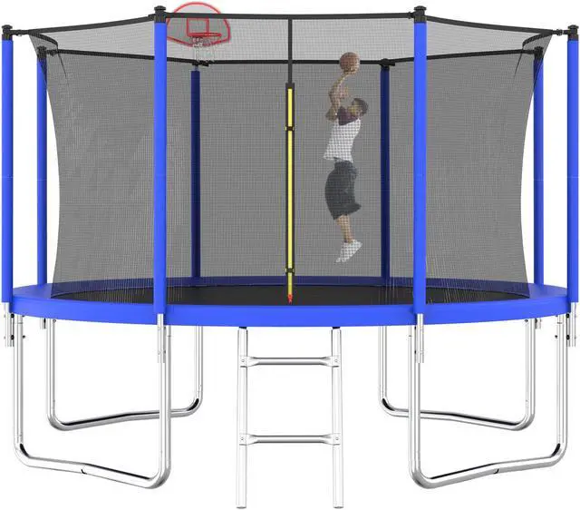 Alt view image 4 of 7 - Mersco12FT Kid Trampoline Outdoor With Basketbal & Hoop, Airpump, Straight Pole Rebounder Trampoline For Kids And Adults With Safety Enclosure Net & Ladder, New Year And Birthday Gift Green Blue Blue