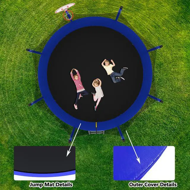 Alt view image 3 of 7 - Mersco12FT Kid Trampoline Outdoor With Basketbal & Hoop, Airpump, Straight Pole Rebounder Trampoline For Kids And Adults With Safety Enclosure Net & Ladder, New Year And Birthday Gift Green Blue Blue