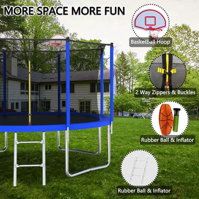 Alt view image 2 of 7 - Mersco12FT Kid Trampoline Outdoor With Basketbal & Hoop, Airpump, Straight Pole Rebounder Trampoline For Kids And Adults With Safety Enclosure Net & Ladder, New Year And Birthday Gift Green Blue Blue