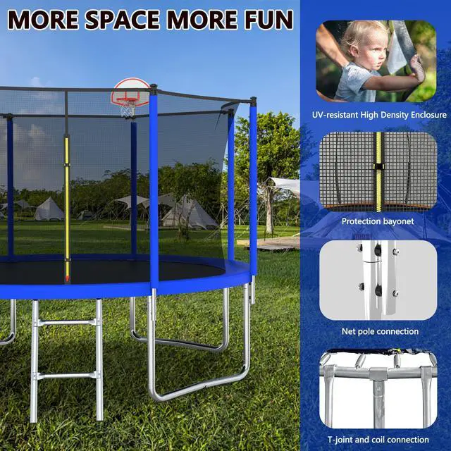 Alt view image 7 of 7 - Mersco12FT Kid Trampoline Outdoor With Basketbal & Hoop, Airpump, Straight Pole Rebounder Trampoline For Kids And Adults With Safety Enclosure Net & Ladder, New Year And Birthday Gift Green Blue Blue