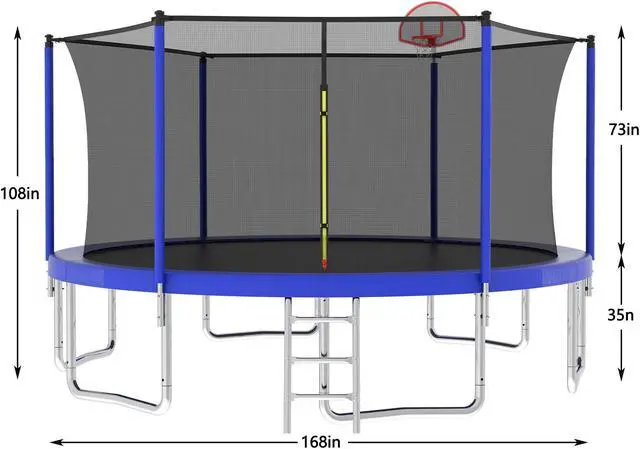 Alt view image 6 of 7 - Mersco 14FT Kid Trampoline Outdoor With Basketbal & Hoop, Airpump, Straight Pole Rebounder Trampoline For Kids And Adults With Safety Enclosure Net & Ladder, New Year And Birthday Gift Green Blue Blue