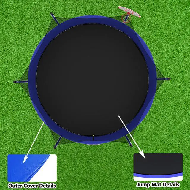 Alt view image 4 of 7 - Mersco 14FT Kid Trampoline Outdoor With Basketbal & Hoop, Airpump, Straight Pole Rebounder Trampoline For Kids And Adults With Safety Enclosure Net & Ladder, New Year And Birthday Gift Green Blue Blue