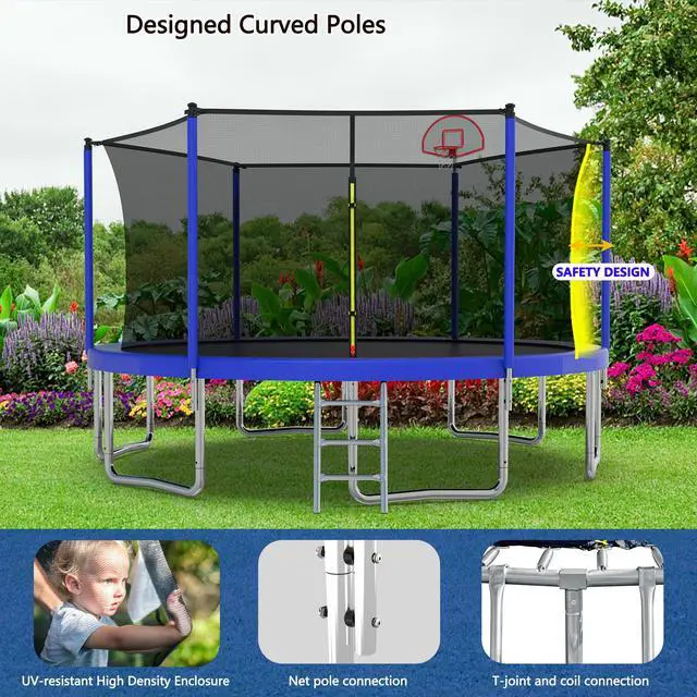 Alt view image 2 of 7 - Mersco 14FT Kid Trampoline Outdoor With Basketbal & Hoop, Airpump, Straight Pole Rebounder Trampoline For Kids And Adults With Safety Enclosure Net & Ladder, New Year And Birthday Gift Green Blue Blue