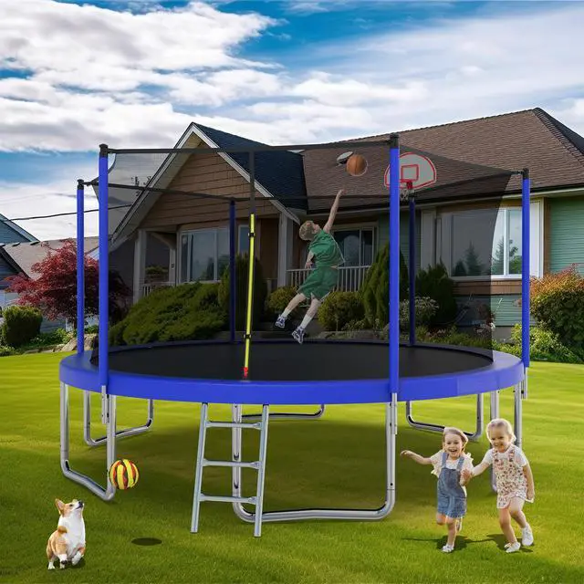 Main image of Mersco 14FT Kid Trampoline Outdoor With Basketbal & Hoop, Airpump, Straight Pole Rebounder Trampoline For Kids And Adults With Safety Enclosure Net & Ladder, New Year And Birthday Gift Green Blue Blue