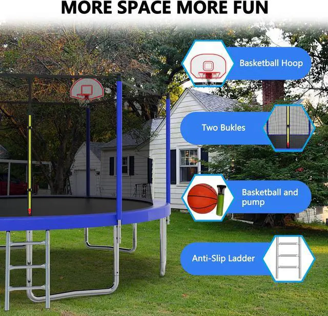 Alt view image 3 of 7 - Mersco 14FT Kid Trampoline Outdoor With Basketbal & Hoop, Airpump, Straight Pole Rebounder Trampoline For Kids And Adults With Safety Enclosure Net & Ladder, New Year And Birthday Gift Green Blue Blue