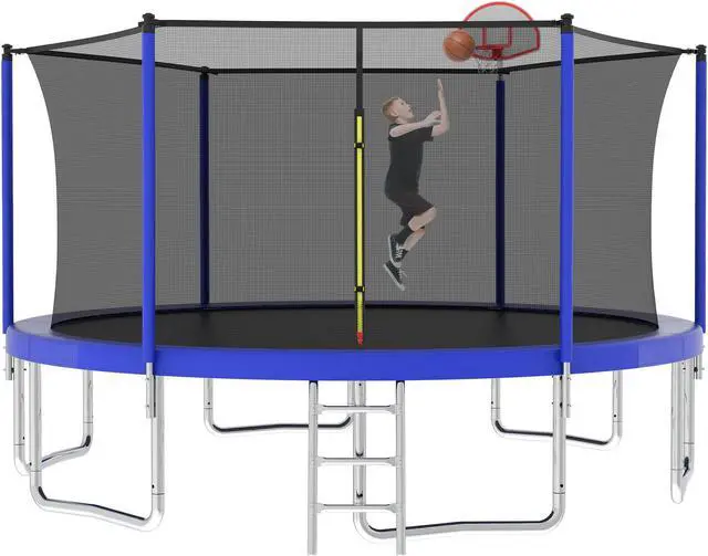 Alt view image 7 of 7 - Mersco 14FT Kid Trampoline Outdoor With Basketbal & Hoop, Airpump, Straight Pole Rebounder Trampoline For Kids And Adults With Safety Enclosure Net & Ladder, New Year And Birthday Gift Green Blue Blue