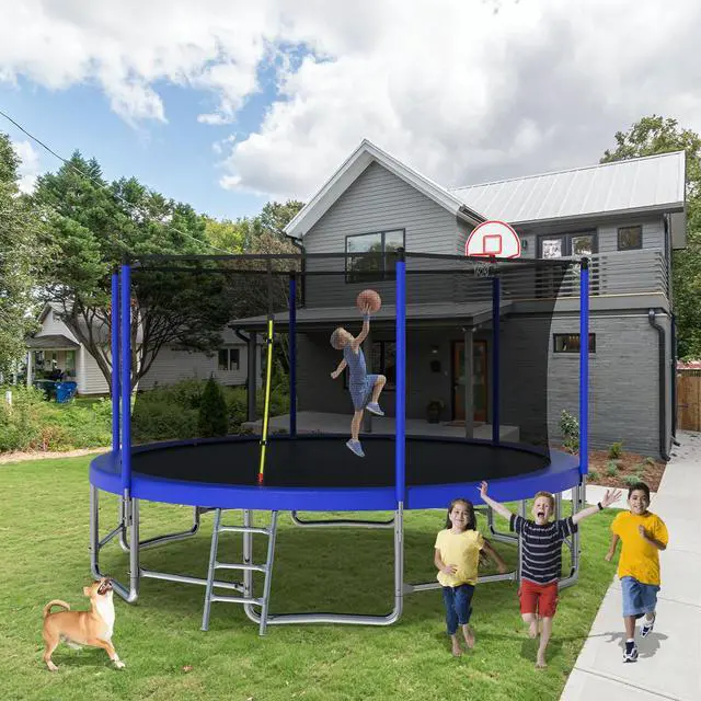 Alt view image 3 of 7 - Mersco 15FT Kid Trampoline Outdoor With Basketbal & Hoop, Airpump, Straight Pole Rebounder Trampoline For Kids And Adults With Safety Enclosure Net & Ladder, New Year And Birthday Gift Green Blue