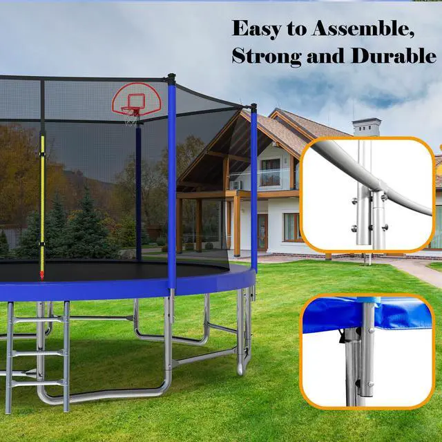 Alt view image 4 of 7 - Mersco 15FT Kid Trampoline Outdoor With Basketbal & Hoop, Airpump, Straight Pole Rebounder Trampoline For Kids And Adults With Safety Enclosure Net & Ladder, New Year And Birthday Gift Green Blue