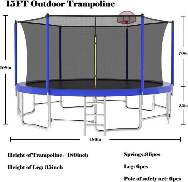 Alt view image 6 of 7 - Mersco 15FT Kid Trampoline Outdoor With Basketbal & Hoop, Airpump, Straight Pole Rebounder Trampoline For Kids And Adults With Safety Enclosure Net & Ladder, New Year And Birthday Gift Green Blue