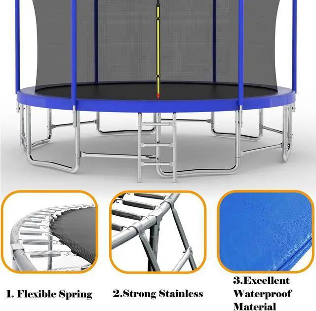 Alt view image 5 of 7 - Mersco 15FT Kid Trampoline Outdoor With Basketbal & Hoop, Airpump, Straight Pole Rebounder Trampoline For Kids And Adults With Safety Enclosure Net & Ladder, New Year And Birthday Gift Green Blue