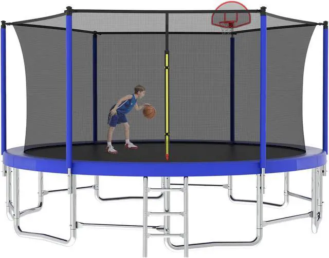 Alt view image 7 of 7 - Mersco 15FT Kid Trampoline Outdoor With Basketbal & Hoop, Airpump, Straight Pole Rebounder Trampoline For Kids And Adults With Safety Enclosure Net & Ladder, New Year And Birthday Gift Green Blue