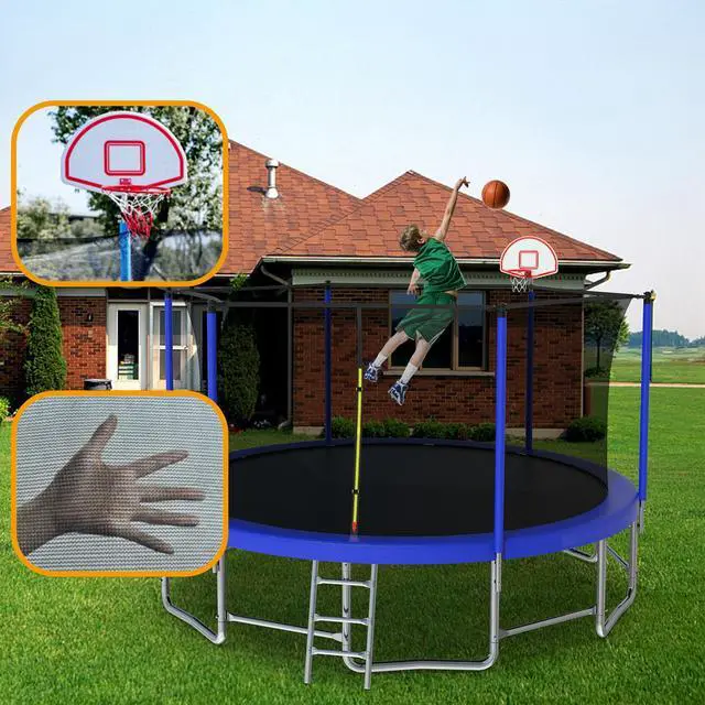 Main image of Mersco 15FT Kid Trampoline Outdoor With Basketbal & Hoop, Airpump, Straight Pole Rebounder Trampoline For Kids And Adults With Safety Enclosure Net & Ladder, New Year And Birthday Gift Green Blue