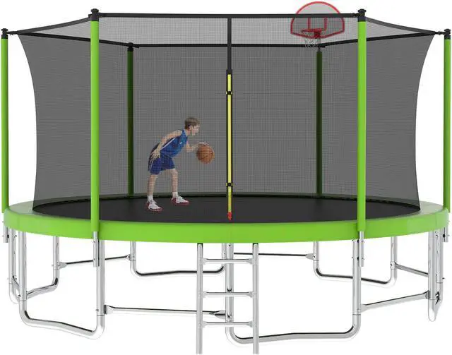 Alt view image 4 of 7 - Mersco 15FT Kid Trampoline Outdoor With Basketbal & Hoop, Airpump, Straight Pole Rebounder Trampoline For Kids And Adults With Safety Enclosure Net & Ladder, New Year And Birthday Gift  Green