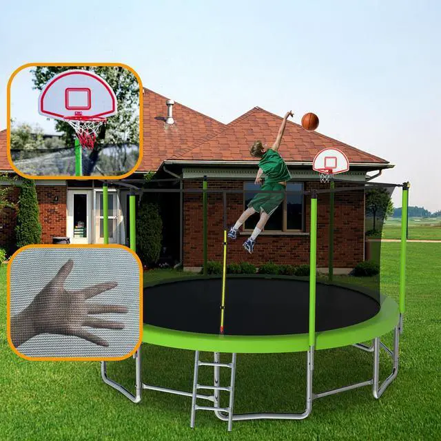 Alt view image 6 of 7 - Mersco 15FT Kid Trampoline Outdoor With Basketbal & Hoop, Airpump, Straight Pole Rebounder Trampoline For Kids And Adults With Safety Enclosure Net & Ladder, New Year And Birthday Gift  Green