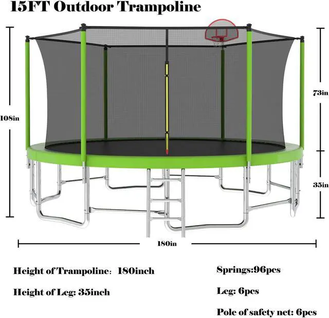 Alt view image 7 of 7 - Mersco 15FT Kid Trampoline Outdoor With Basketbal & Hoop, Airpump, Straight Pole Rebounder Trampoline For Kids And Adults With Safety Enclosure Net & Ladder, New Year And Birthday Gift  Green