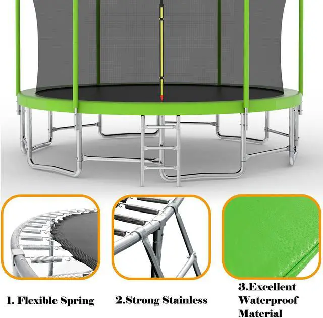 Alt view image 3 of 7 - Mersco 15FT Kid Trampoline Outdoor With Basketbal & Hoop, Airpump, Straight Pole Rebounder Trampoline For Kids And Adults With Safety Enclosure Net & Ladder, New Year And Birthday Gift  Green