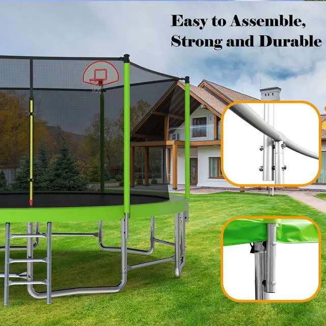 Alt view image 5 of 7 - Mersco 15FT Kid Trampoline Outdoor With Basketbal & Hoop, Airpump, Straight Pole Rebounder Trampoline For Kids And Adults With Safety Enclosure Net & Ladder, New Year And Birthday Gift  Green