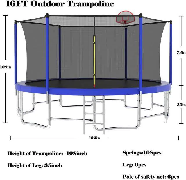 Alt view image 5 of 7 - Mersco 16FT Kid Trampoline Outdoor With Basketbal & Hoop, Airpump, Straight Pole Rebounder Trampoline For Kids And Adults With Safety Enclosure Net & Ladder, New Year And Birthday Gift Green