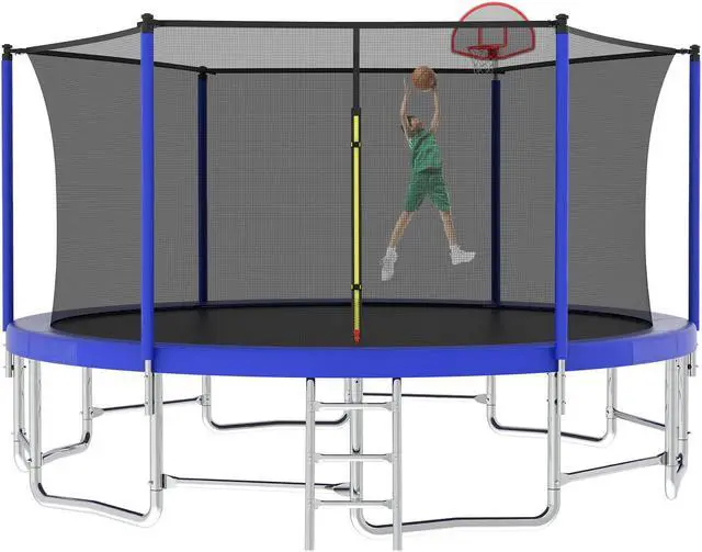 Alt view image 4 of 7 - Mersco 16FT Kid Trampoline Outdoor With Basketbal & Hoop, Airpump, Straight Pole Rebounder Trampoline For Kids And Adults With Safety Enclosure Net & Ladder, New Year And Birthday Gift Green