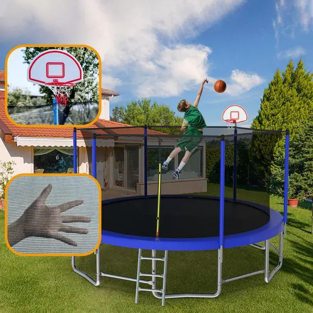 Main image of Mersco 16FT Kid Trampoline Outdoor With Basketbal & Hoop, Airpump, Straight Pole Rebounder Trampoline For Kids And Adults With Safety Enclosure Net & Ladder, New Year And Birthday Gift Green