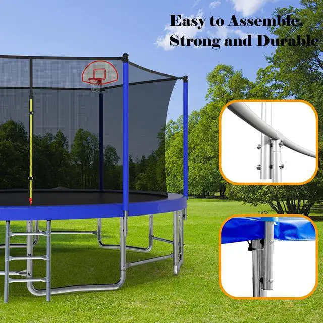 Alt view image 2 of 7 - Mersco 16FT Kid Trampoline Outdoor With Basketbal & Hoop, Airpump, Straight Pole Rebounder Trampoline For Kids And Adults With Safety Enclosure Net & Ladder, New Year And Birthday Gift Green