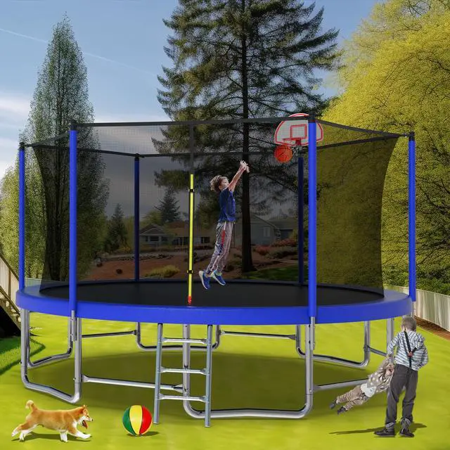 Alt view image 7 of 7 - Mersco 16FT Kid Trampoline Outdoor With Basketbal & Hoop, Airpump, Straight Pole Rebounder Trampoline For Kids And Adults With Safety Enclosure Net & Ladder, New Year And Birthday Gift Green