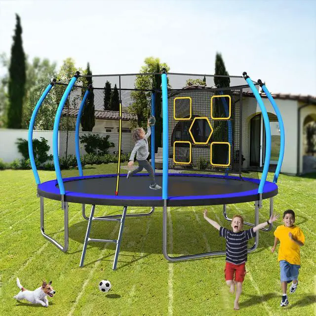 Main image of Mersco 12FT Kid Trampoline Outdoor With Verstile Football and Baseball Net,Rebounder Trampoline For Kids And Adults With Safety Enclosure Net & Ladder, New Year And Birthday Gift Blue