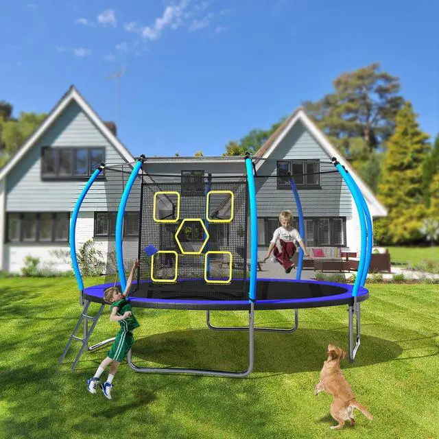 Alt view image 7 of 7 - Mersco 12FT Kid Trampoline Outdoor With Verstile Football and Baseball Net,Rebounder Trampoline For Kids And Adults With Safety Enclosure Net & Ladder, New Year And Birthday Gift Blue