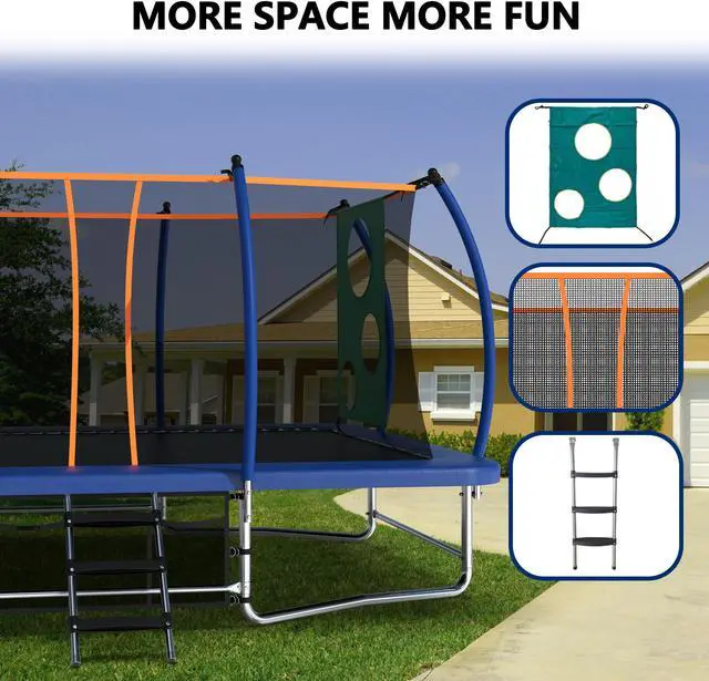 Alt view image 2 of 7 - Mersco 10x16FT Rectangle Trampoline with Football Bag and Enclosure Net, Outdoor Rectangular Trampolines for Kids Adults, ASTM Approved Square Bounce Gymnastics Trampoline, 1760LBS Load-Bearing Blue