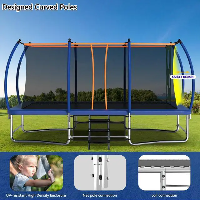 Alt view image 6 of 7 - Mersco 10x16FT Rectangle Trampoline with Football Bag and Enclosure Net, Outdoor Rectangular Trampolines for Kids Adults, ASTM Approved Square Bounce Gymnastics Trampoline, 1760LBS Load-Bearing Blue