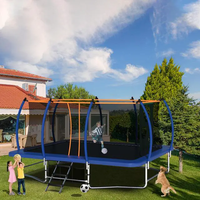 Main image of Mersco 10x16FT Rectangle Trampoline with Football Bag and Enclosure Net, Outdoor Rectangular Trampolines for Kids Adults, ASTM Approved Square Bounce Gymnastics Trampoline, 1760LBS Load-Bearing Blue