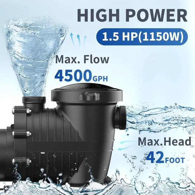 Alt view image 2 of 7 - Pool Pumps Above/In Ground,1.5hp 115v/230v Dual Voltage Swimming Pool Pumps with 3 Diameters of Adapters, Salt/Fresh Water, IP44 Waterproof, Energy Saving, Stable Power