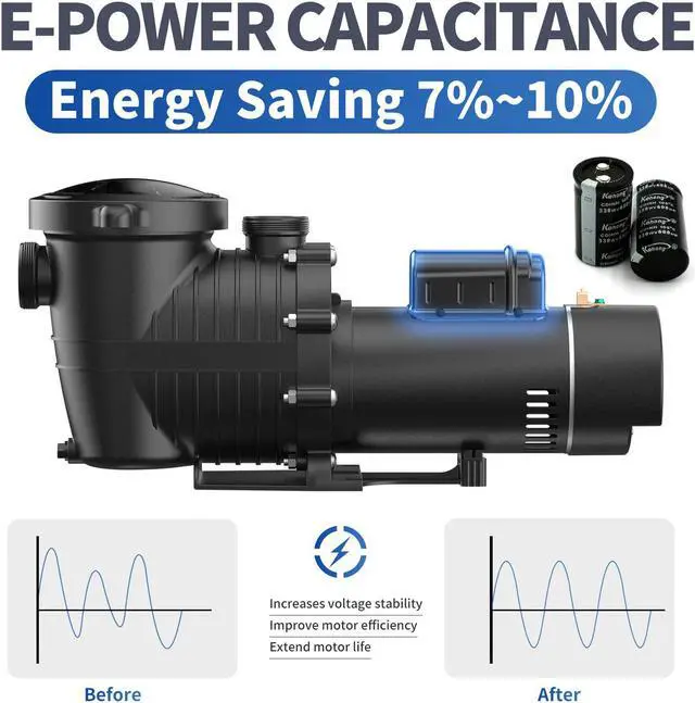 Alt view image 4 of 7 - Pool Pumps Above/In Ground,1.5hp 115v/230v Dual Voltage Swimming Pool Pumps with 3 Diameters of Adapters, Salt/Fresh Water, IP44 Waterproof, Energy Saving, Stable Power