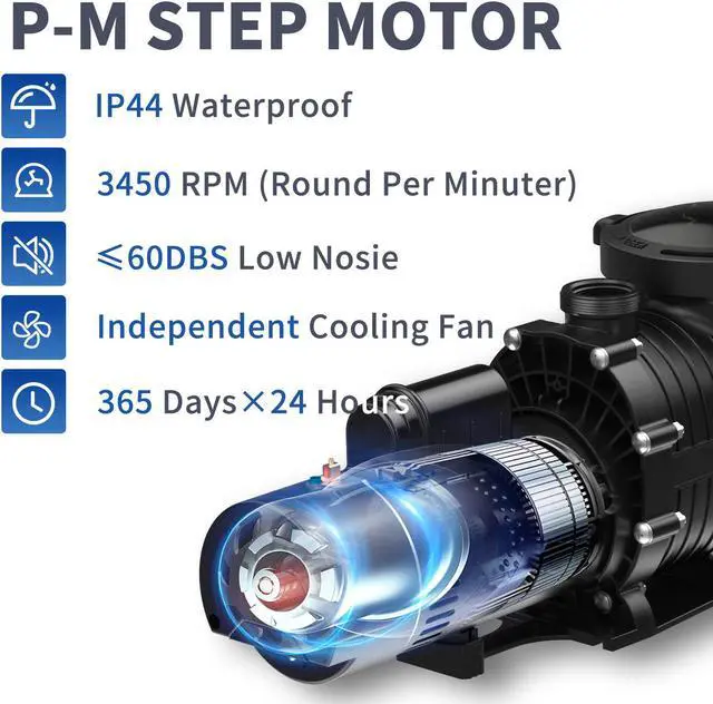 Alt view image 5 of 7 - Pool Pumps Above/In Ground,1.5hp 115v/230v Dual Voltage Swimming Pool Pumps with 3 Diameters of Adapters, Salt/Fresh Water, IP44 Waterproof, Energy Saving, Stable Power