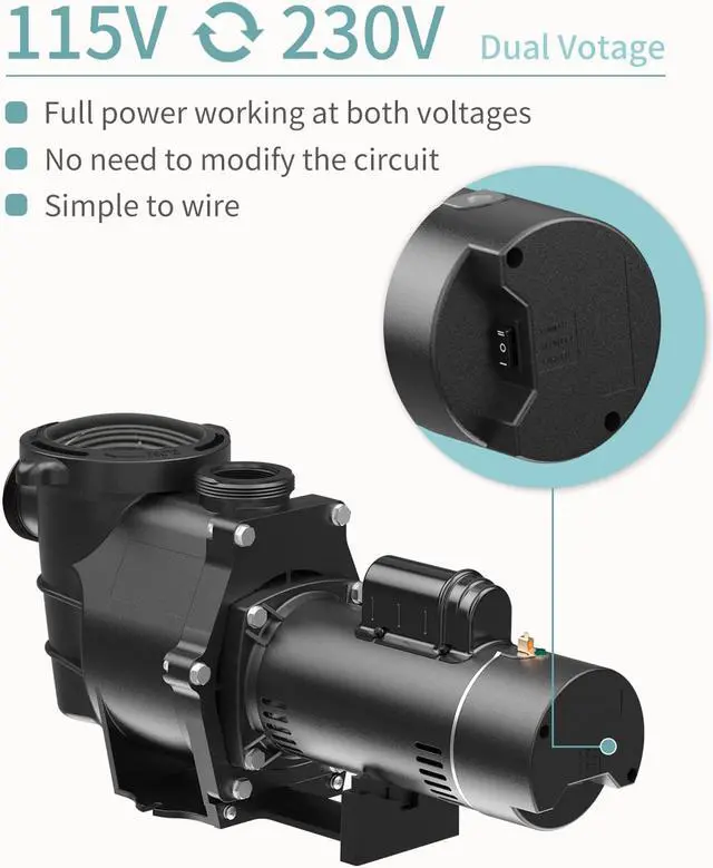 Alt view image 3 of 7 - 2.0HP 6420GPH Pool Pumps Above Ground and Inground, 115v/230v Dual Voltage Swimming Pool Pumps, Super Power, Salt/Fresh Water, IP44 Waterproof, Energy Saving
