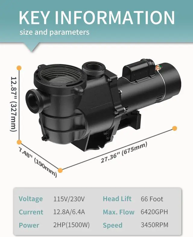 Alt view image 7 of 7 - 2.0HP 6420GPH Pool Pumps Above Ground and Inground, 115v/230v Dual Voltage Swimming Pool Pumps, Super Power, Salt/Fresh Water, IP44 Waterproof, Energy Saving