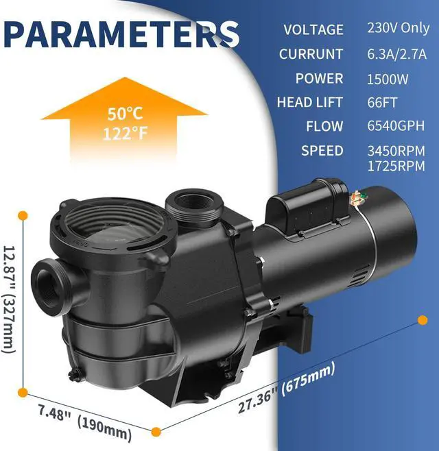 Alt view image 7 of 7 - 2.0HP 6540GPH Pool Pumps Above Ground and Inground, 1725RPM/3450RPM 2-Speed Swimming Pool Pumps, Super Power, Salt/Fresh Water, IP44 Waterproof, Energy Saving