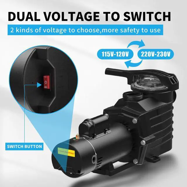 Alt view image 4 of 7 - 2.5HP 6420GPH Pool Pumps Above Ground and Inground, 115v/230v Dual Voltage Swimming Pool Pumps, Super Power, Salt/Fresh Water, IP44 Waterproof, Energy Saving
