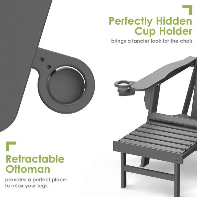 Alt view image 3 of 5 - JiffyPoint Folding Adirondack Chair with Adjustable Back & Ottoman, Wood Grain HDPE All-Weather Poolside Chairs w/Cup Holders & Footrest for Fire Pit Campfire Deck Patio Outdoor Lawn, Grey