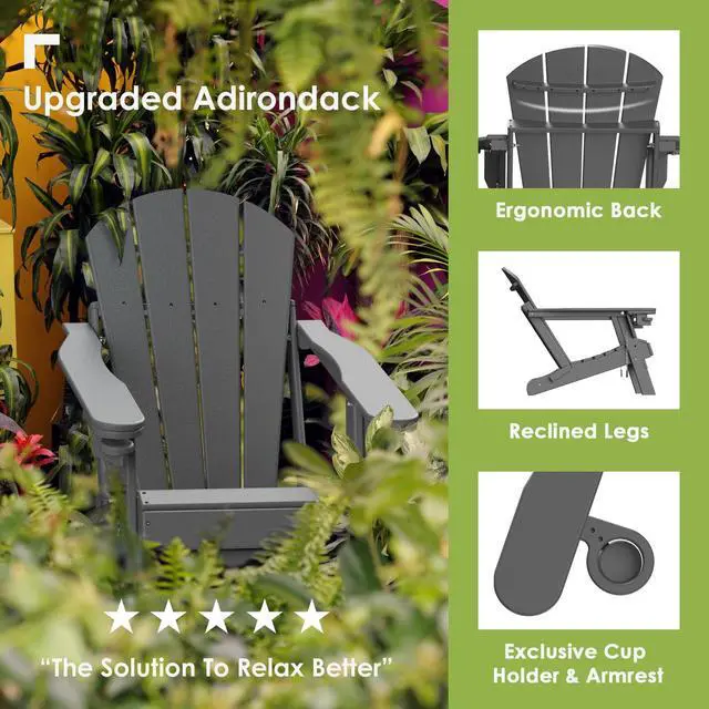Alt view image 4 of 5 - JiffyPoint Folding Adirondack Chair with Adjustable Back & Ottoman, Wood Grain HDPE All-Weather Poolside Chairs w/Cup Holders & Footrest for Fire Pit Campfire Deck Patio Outdoor Lawn, Grey