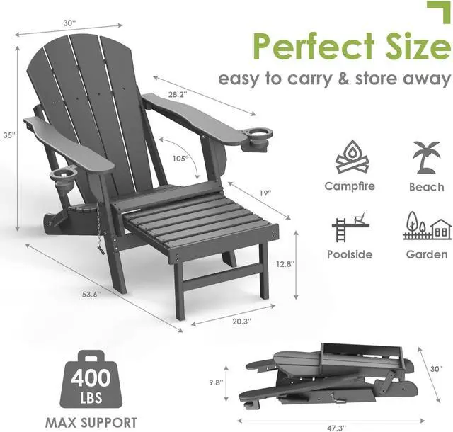 Alt view image 2 of 5 - JiffyPoint Folding Adirondack Chair with Adjustable Back & Ottoman, Wood Grain HDPE All-Weather Poolside Chairs w/Cup Holders & Footrest for Fire Pit Campfire Deck Patio Outdoor Lawn, Grey