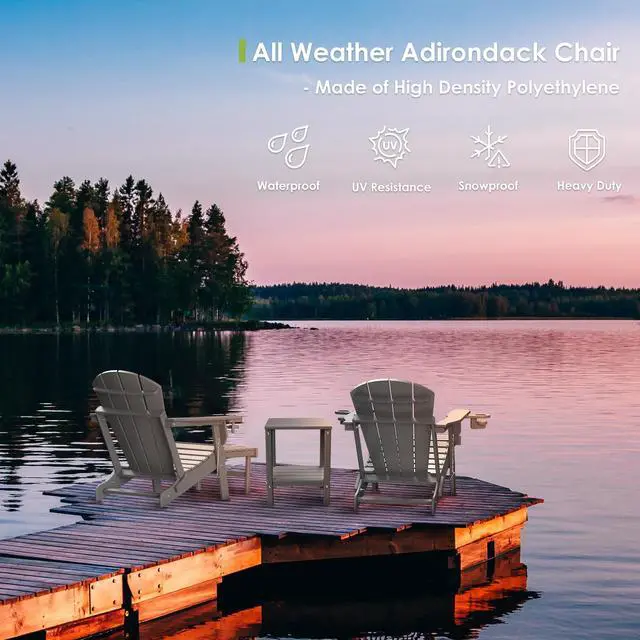 Alt view image 5 of 5 - JiffyPoint Folding Adirondack Chair with Adjustable Back & Ottoman, Wood Grain HDPE All-Weather Poolside Chairs w/Cup Holders & Footrest for Fire Pit Campfire Deck Patio Outdoor Lawn, Grey