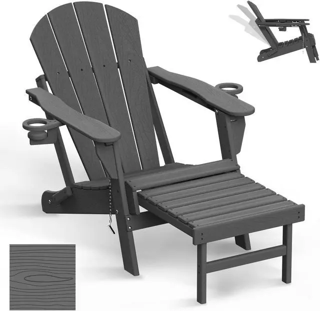 Main image of JiffyPoint Folding Adirondack Chair with Adjustable Back & Ottoman, Wood Grain HDPE All-Weather Poolside Chairs w/Cup Holders & Footrest for Fire Pit Campfire Deck Patio Outdoor Lawn, Grey