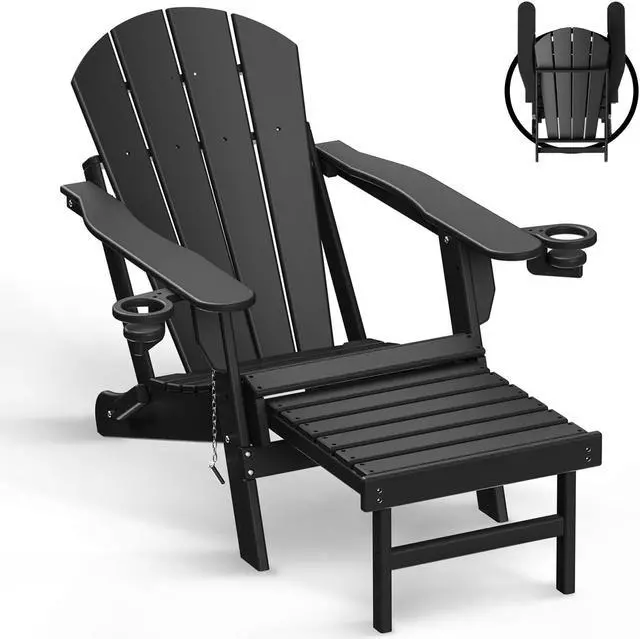 Main image of JiffyPoint Folding Adirondack Chair with Ottoman, HDPE Plastic All-Weather Poolside Chairs w/Cup Holders & Footrest for Fire Pit Campfire Deck Backyard Patio Outdoor Porch Lawn, Grey Black