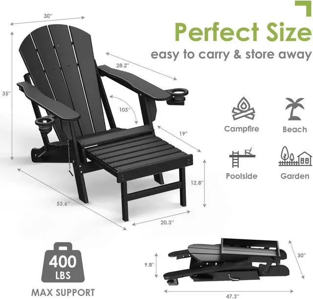 Alt view image 2 of 5 - JiffyPoint Folding Adirondack Chair with Ottoman, HDPE Plastic All-Weather Poolside Chairs w/Cup Holders & Footrest for Fire Pit Campfire Deck Backyard Patio Outdoor Porch Lawn, Grey Black