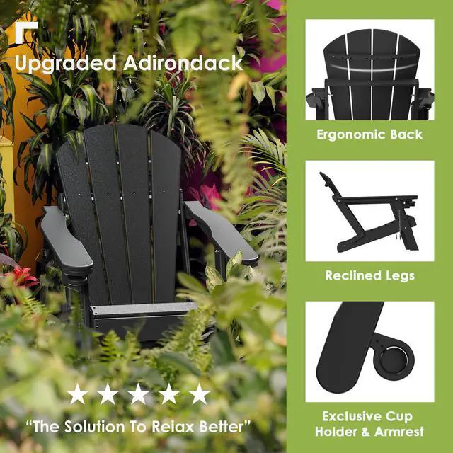 Alt view image 4 of 5 - JiffyPoint Folding Adirondack Chair with Ottoman, HDPE Plastic All-Weather Poolside Chairs w/Cup Holders & Footrest for Fire Pit Campfire Deck Backyard Patio Outdoor Porch Lawn, Grey Black
